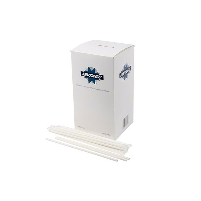 Vintage white wrapped 10.25-inch paper straws and inner box; case contains four 500-count boxes
