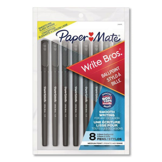 Paper Mate Write Bros. Ballpoint Pen, Stick, Medium 1 mm, Black Ink, Black Barrel, 8/Pack