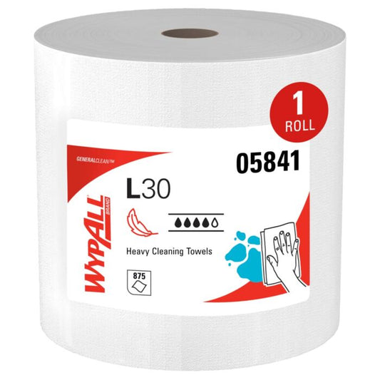 WypAll 05841 L30 Wiper Towel Roll 12.4" x 13.3" Sheet, White, (875 Sheets/Roll)