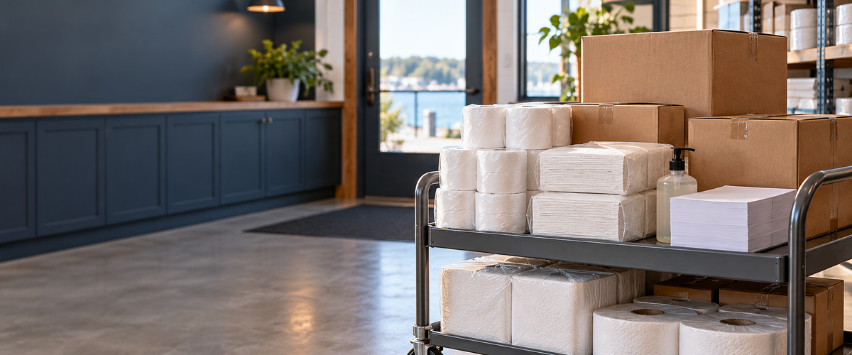 Commercial paper, soap and workplace supplies on a delivery cart in a local business supply room