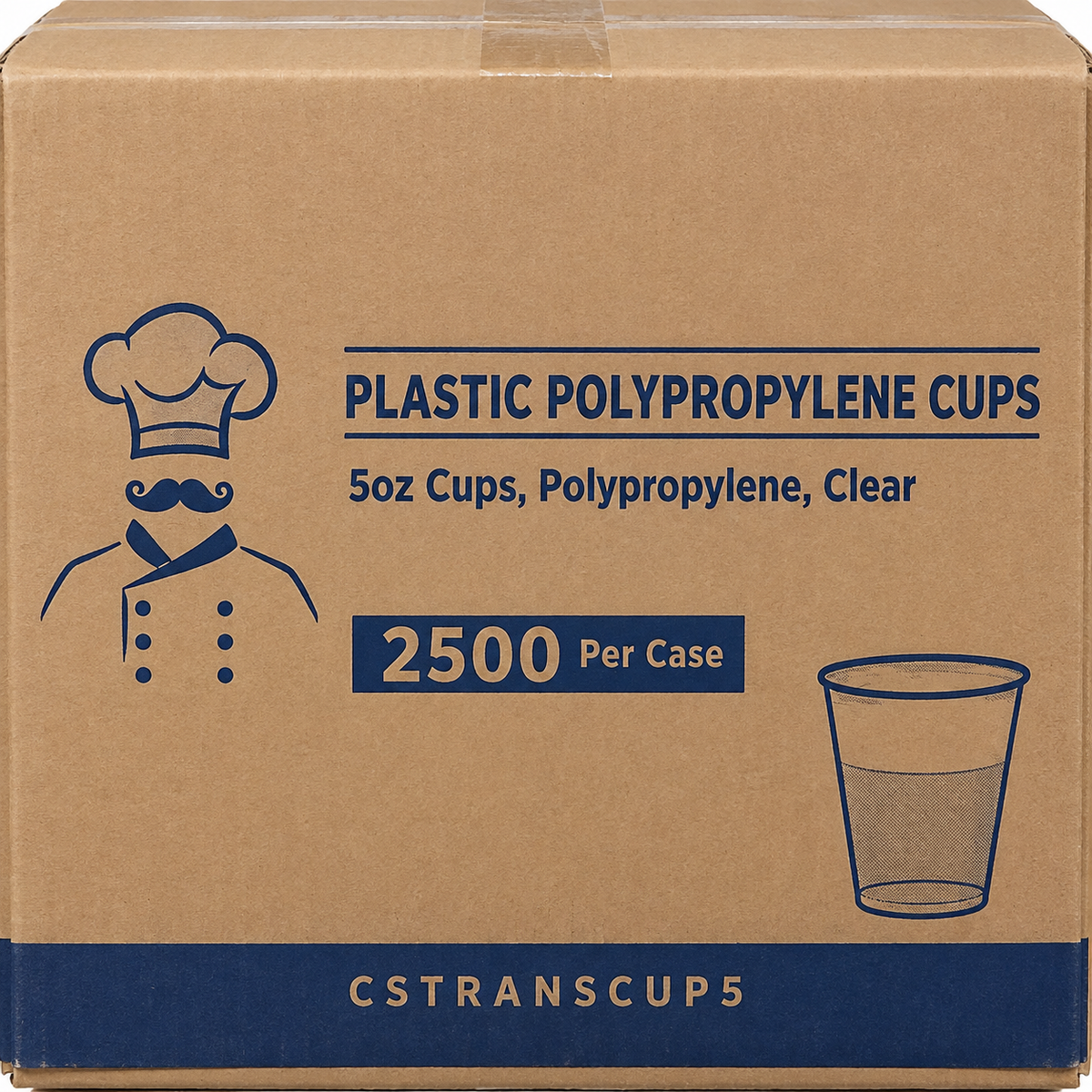 Case label detail for CSTRANSCUP5, clear polypropylene cups, 5 oz, 2500 count