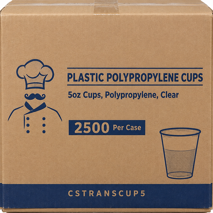 Case label detail for CSTRANSCUP5, clear polypropylene cups, 5 oz, 2500 count