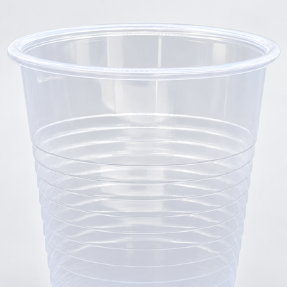 Genuine Joe 12 oz clear cup, rim and plastic wall detail