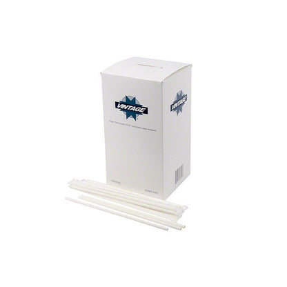 Vintage white wrapped 10.25-inch paper straws and inner box; case contains four 500-count boxes
