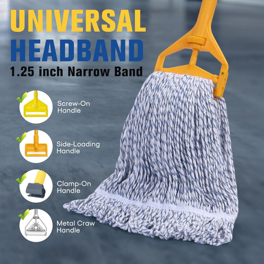 Blue-and-white rayon blend finish mop head with 1.25-inch narrow headband; handle shown for fit reference and sold separately