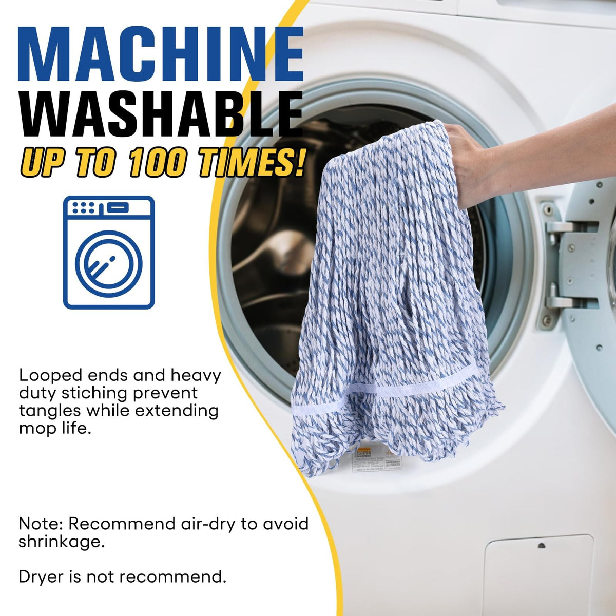 Washable blue-and-white looped-end finish mop head with stitched tailband; air-dry after laundering