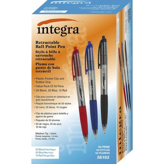 Integra Retractable Ball Point Pens, 50 Pack. 1.0mm., Medium Tip, Black/Blue/Red