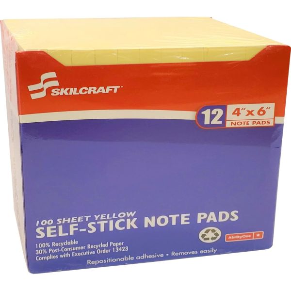 Skillcraft Self-Stick Note Pads, 12 Pads/Pack. 1200 Notes (12 pads x 100 sheets) 4"x6"